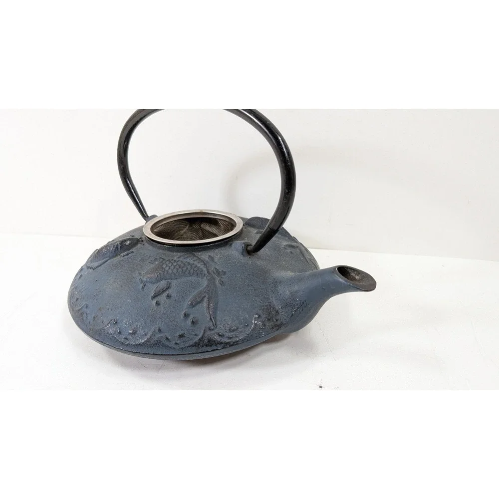 Japanese Vintage 24 Fl Oz Blue Carp Koi Fish Cast Iron Teapot Tetsubin w/ filter